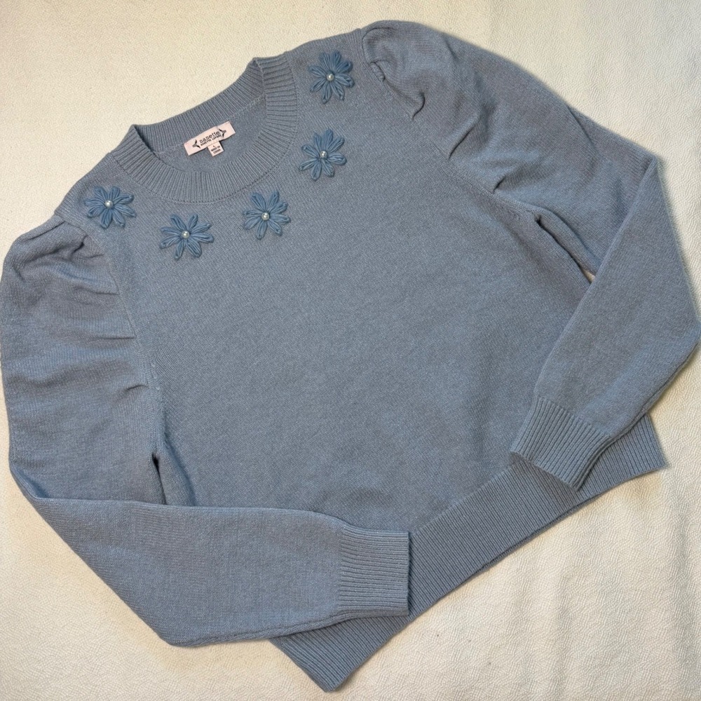 Nanette Lepore Womens Blue Floral Pearl Embellished Puff Sleeve Sweater L